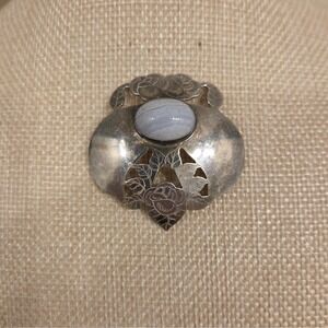 Vintage Adams Floral Sterling Silver & Blue Lace Agate Brooch - Signed